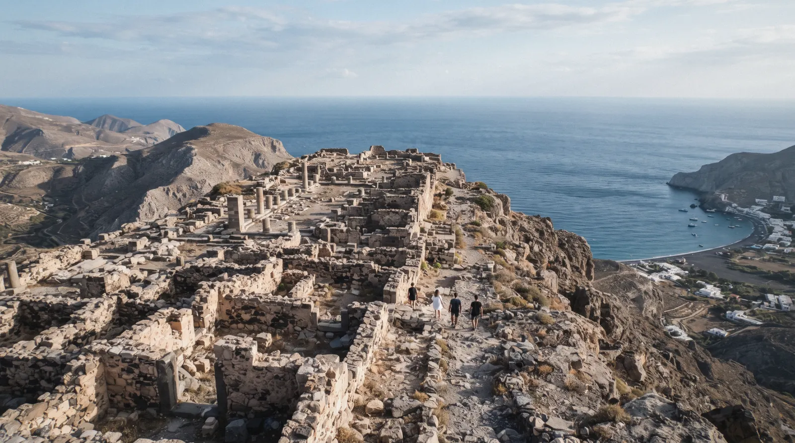 The ruins of Ancient Thera on the Mesa Vouno ridge in the morning, ancient thera, Santorini Greece