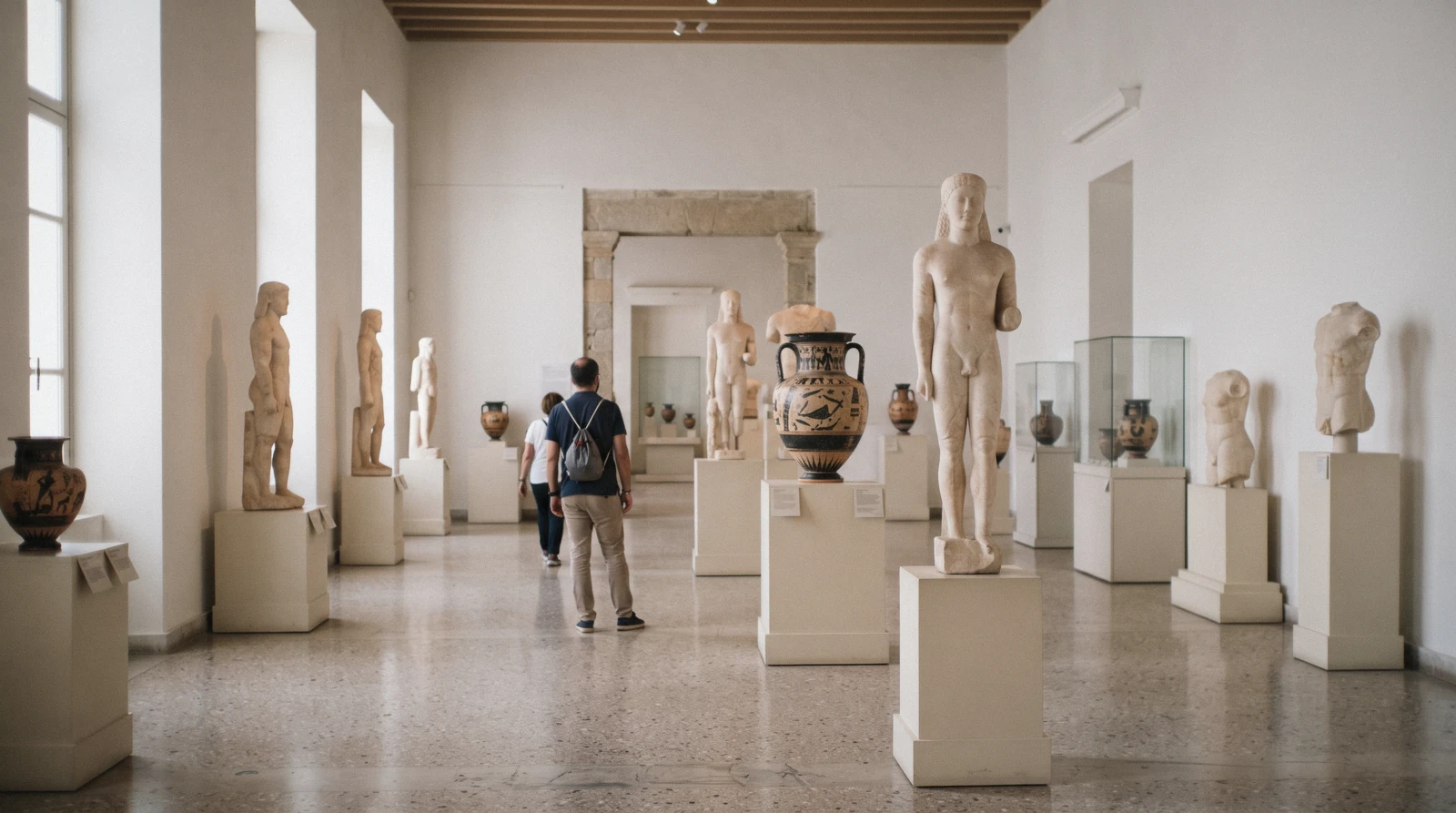 A museum hall with ancient marble statues and painted vases from Ancient Thera on plinths, archaeological museum of thera, Santorini Greece