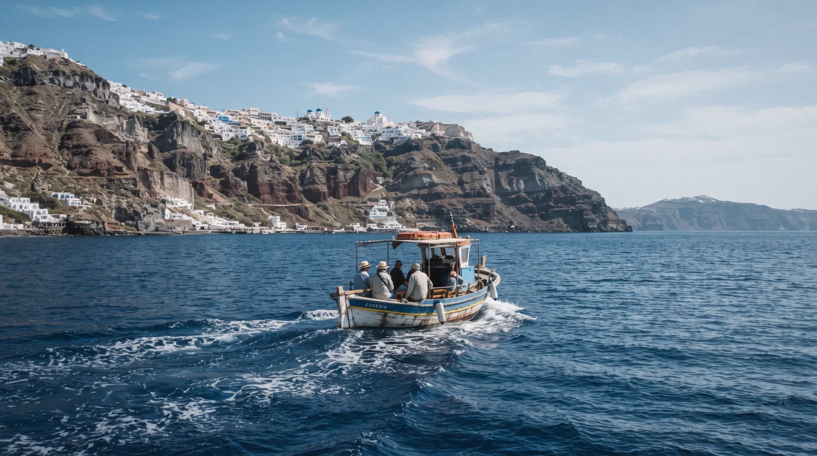 A traditional wooden caique crossing the caldera toward Thirassia at 10:00, day trips from santorini, Santorini Greece