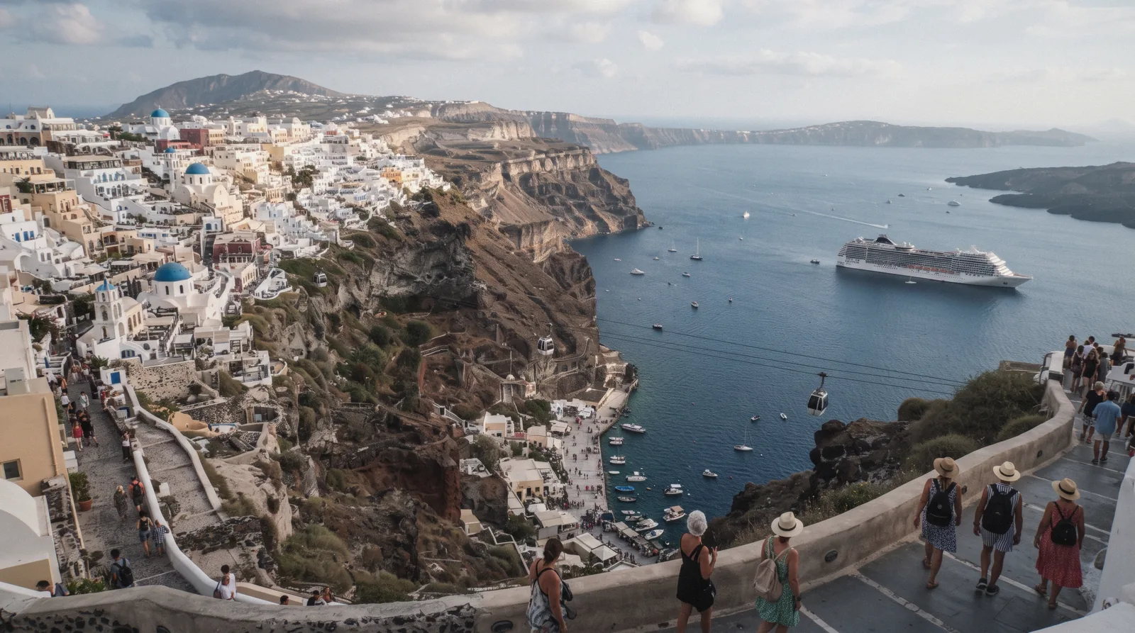 Fira town spread along the caldera rim at 17:00, fira santorini, Santorini Greece