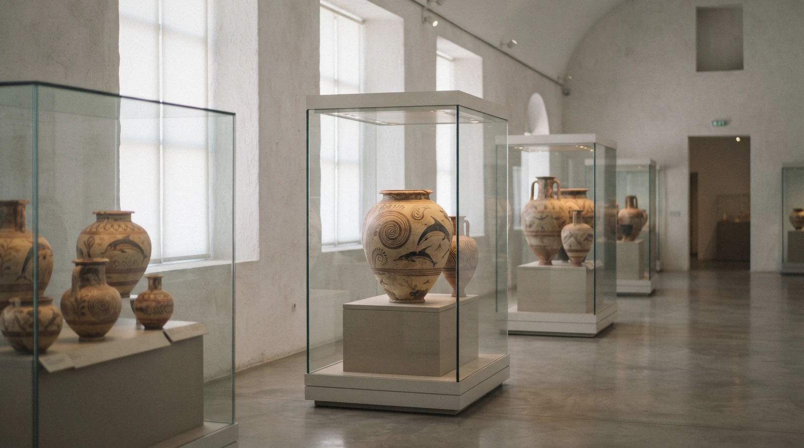 A quiet museum gallery with Bronze Age painted clay jars from Akrotiri in glass cases, museum of prehistoric thera, Santorini Greece