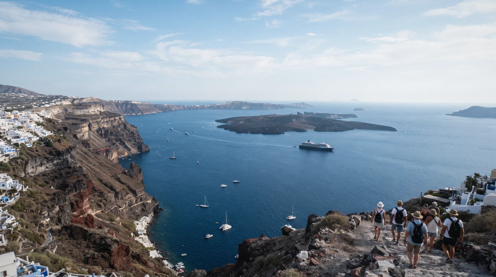 The full sweep of the flooded caldera from the rim near Fira at 17:00, santorini caldera, Santorini Greece