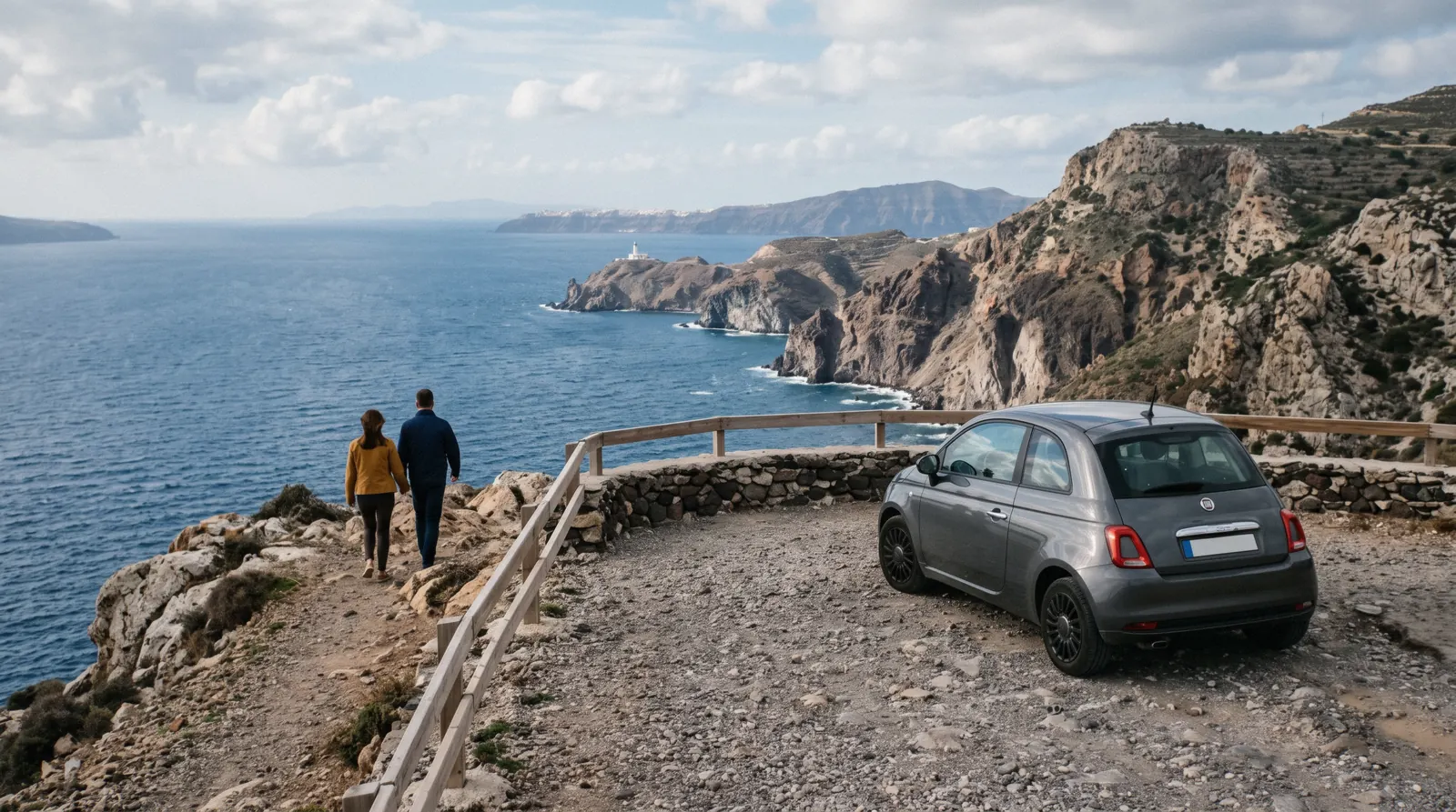 A small hire car parked on a viewpoint lay-by above the south coast near Akrotiri at 17:00, santorini atv rental, Santorini Greece