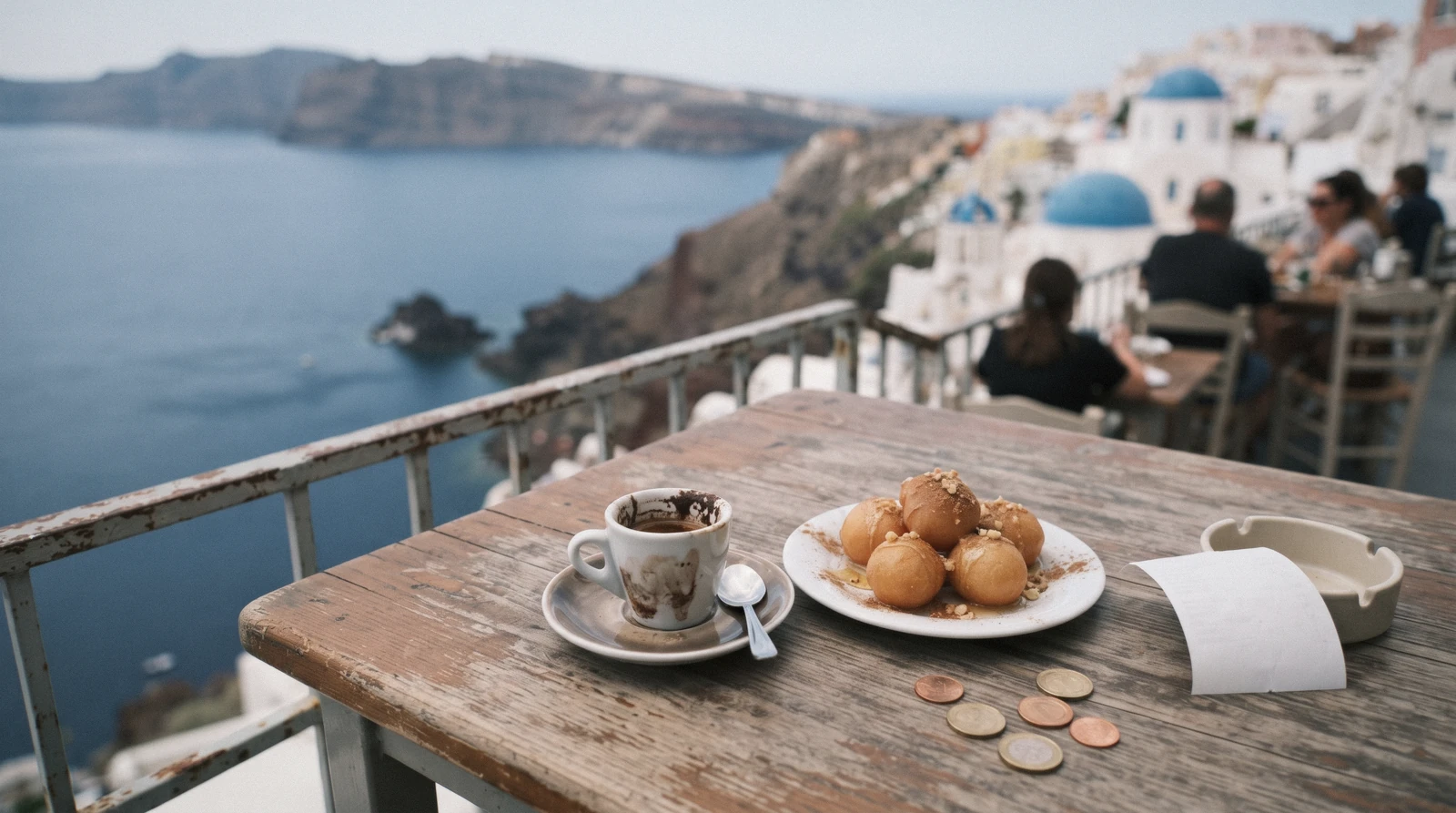 A Greek coffee and a small plate of loukoumades on a cafe table in Fira, is santorini expensive, Santorini Greece