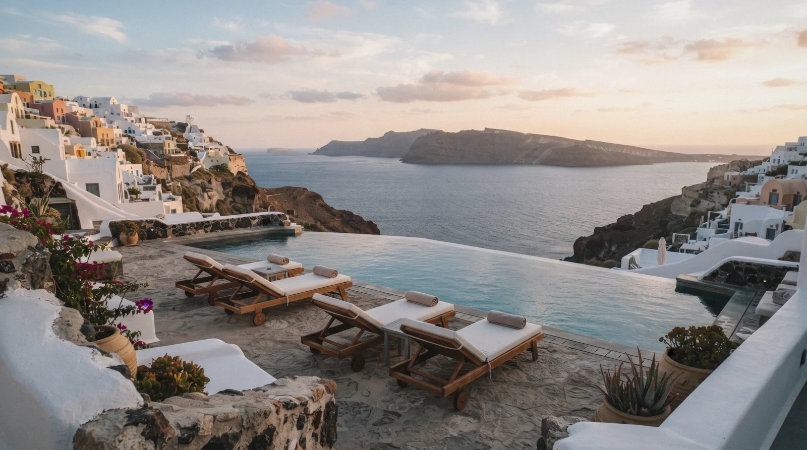 An infinity pool on a cave-hotel terrace in Oia at 18:30, santorini hotels, Santorini Greece
