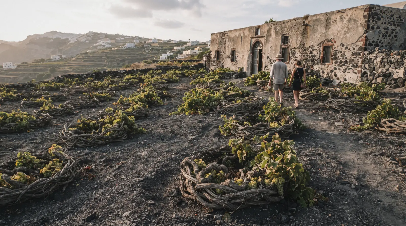 Low basket-trained Assyrtiko vines on grey volcanic pumice soil near Pyrgos at 18:30, santorini wineries, Santorini Greece