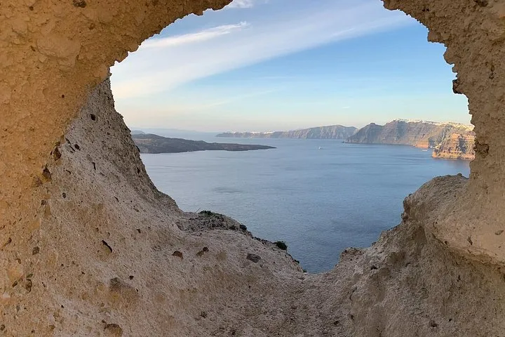 Small-group minivan above the caldera on a Santorini sightseeing tour for cruise passengers, Santorini Greece