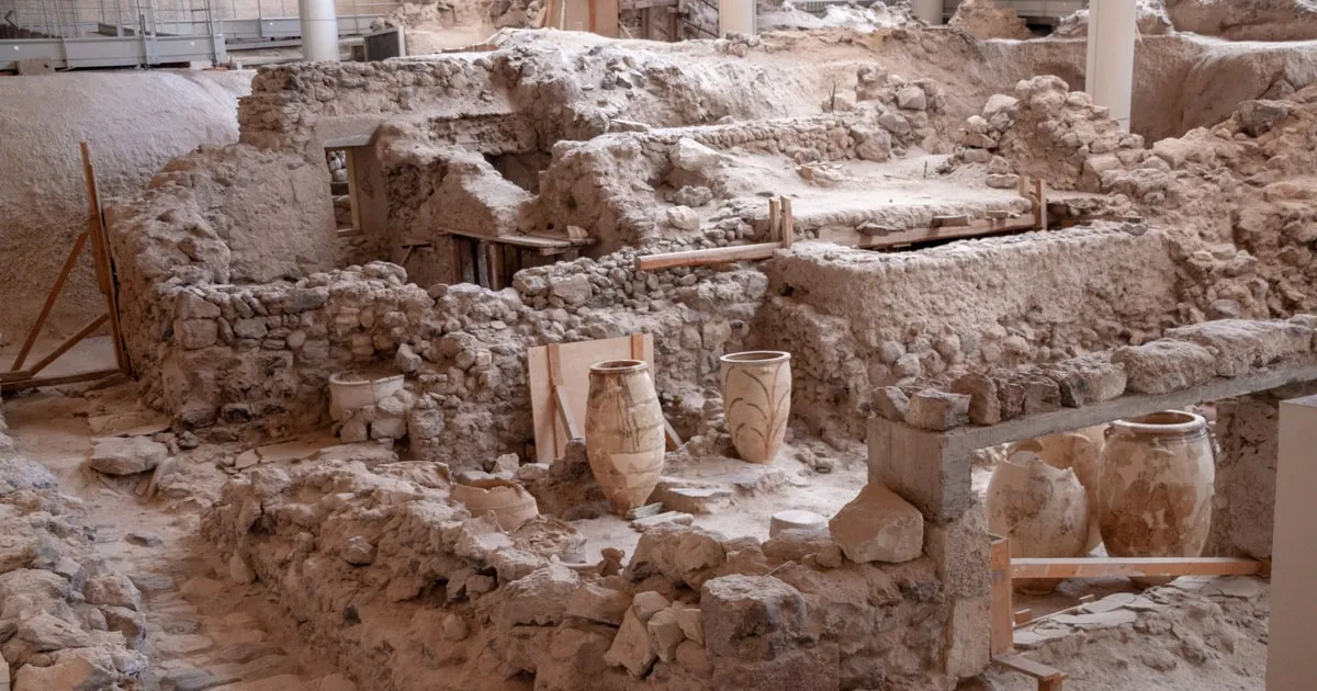 Covered streets of the Bronze Age town on an Akrotiri entry ticket, Santorini Greece