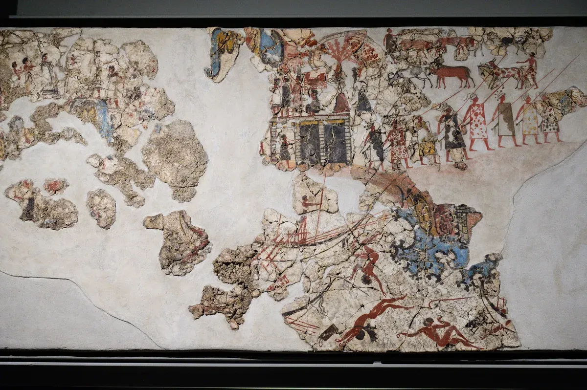 The Assembly on the Hill fresco from Akrotiri, Museum of Prehistoric Thera, Santorini Greece
